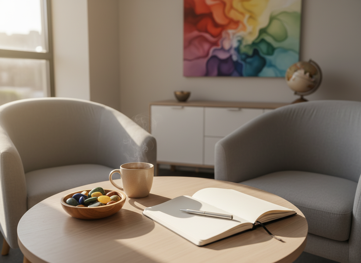 An inviting consultation table in a bright office, photographed from a slightly elevated angle, showing two comfortable, empty chairs facing each other across a smooth, pale-wood surface. On the table sit a ceramic mug of herbal tea, a small bowl of colorful grounding stones, and an open notebook with a simple pen placed diagonally, all rendered in clean photographic realism without visible text. Through a nearby window, soft morning light washes the scene, casting gentle shadows and a calm glow across the tabletop. In the softly blurred background, a pride-colored abstract wall hanging and a globe on a sideboard subtly reference support for LGBTQ youth and immigrant families. The mood is balanced, professional, and quietly hopeful.