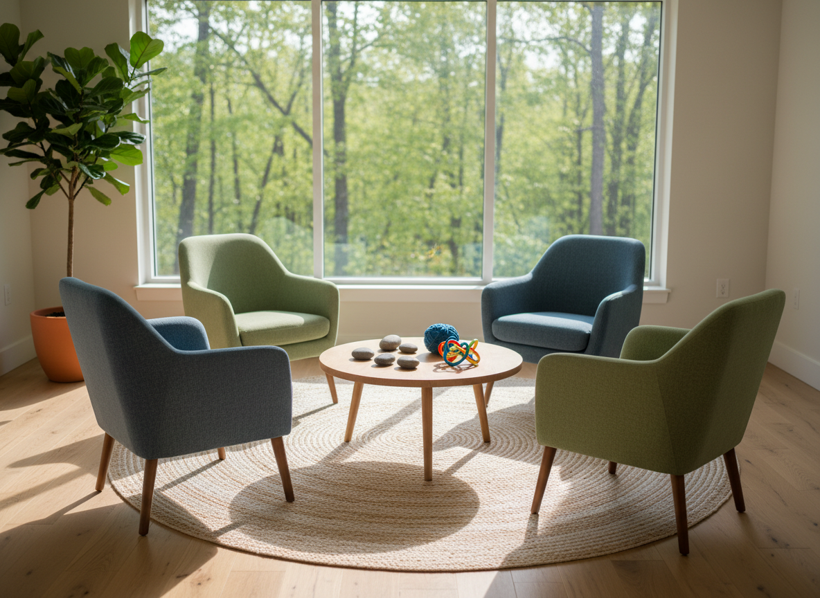 A warm, modern counseling space represented by a circular arrangement of soft, textured armchairs in muted blues and greens around a low wooden table. On the table, a small collection of sensory objects—smooth river stones, a fabric stress ball, and a colorful tangle toy—suggests support for neurodivergent youth without showing people. Floor-to-ceiling windows reveal blurred trees outside, with gentle afternoon daylight filling the room and creating soft shadows on the light oak floor. Photographic realism, shot at eye level with a slightly wide angle, emphasizes openness and safety. The atmosphere feels calm, professional, and welcoming, with neutral walls, a tall leafy plant in the corner, and a cozy woven rug grounding the scene.
