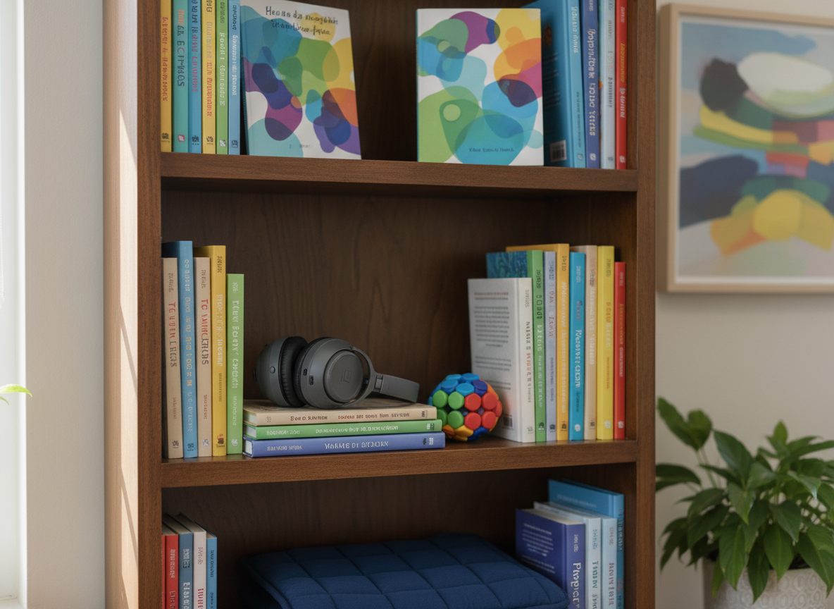 A close-up, photographic view of a sturdy wooden bookshelf in a counseling office, filled with inclusive children’s and teen books, each cover showing abstract shapes and colors instead of faces or text. Discreetly placed sensory tools—noise-cancelling headphones, a textured fidget cube, and a soft weighted lap pad—rest neatly on one shelf, symbolizing neurodivergent-friendly support. Soft, diffused daylight from an unseen window to the left highlights the varied textures of book spines and fabrics, creating subtle shadows. The background falls into a gentle blur, with hints of a plant and a framed abstract painting. Shot at eye level with shallow depth of field, the mood is reassuring, thoughtful, and professional.