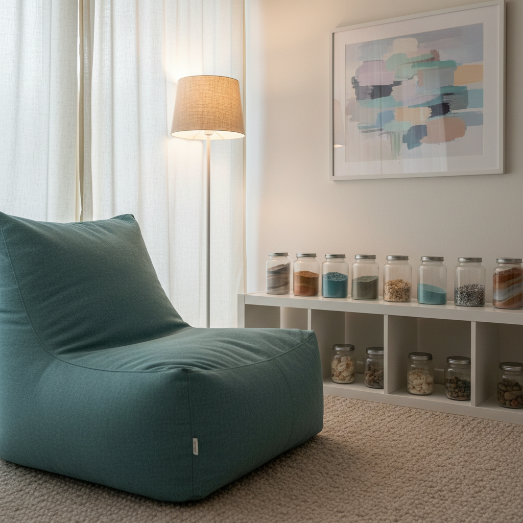 A serene corner designed for anxious or overwhelmed youth, portrayed photographically: a deep, plush beanbag chair in a muted teal fabric rests beside a low white shelf filled with neatly organized sensory jars of colored sand, calming glitter, and smooth shells. A small, dimmable floor lamp with a linen shade casts warm, adjustable light, while faint natural daylight filters through sheer curtains, softening the edges of the room. A thick, neutral-toned rug covers the floor, and a framed abstract print in cool pastels hangs above. Shot at a slightly low angle with moderate depth of field, the composition feels cocoon-like and safe, evoking grounding, comfort, and trauma-informed care without any clinical sterility.